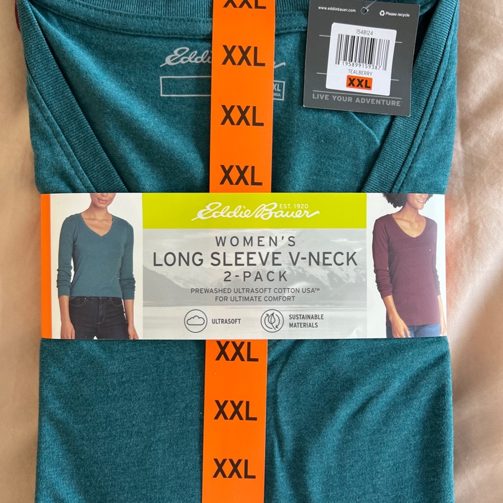 Eddie Bauer Ladies Long Sleeve V-Neck 2 Pack Lightweight Slim Fit. Sizes SM-XL - Picture 2 of 6